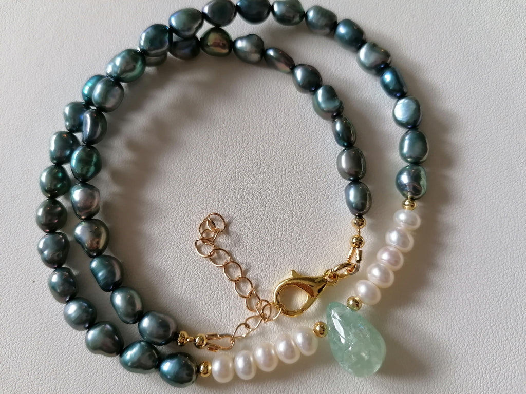 Blue Grey Baroque Pearl & Aquamarine Teardrop Necklace