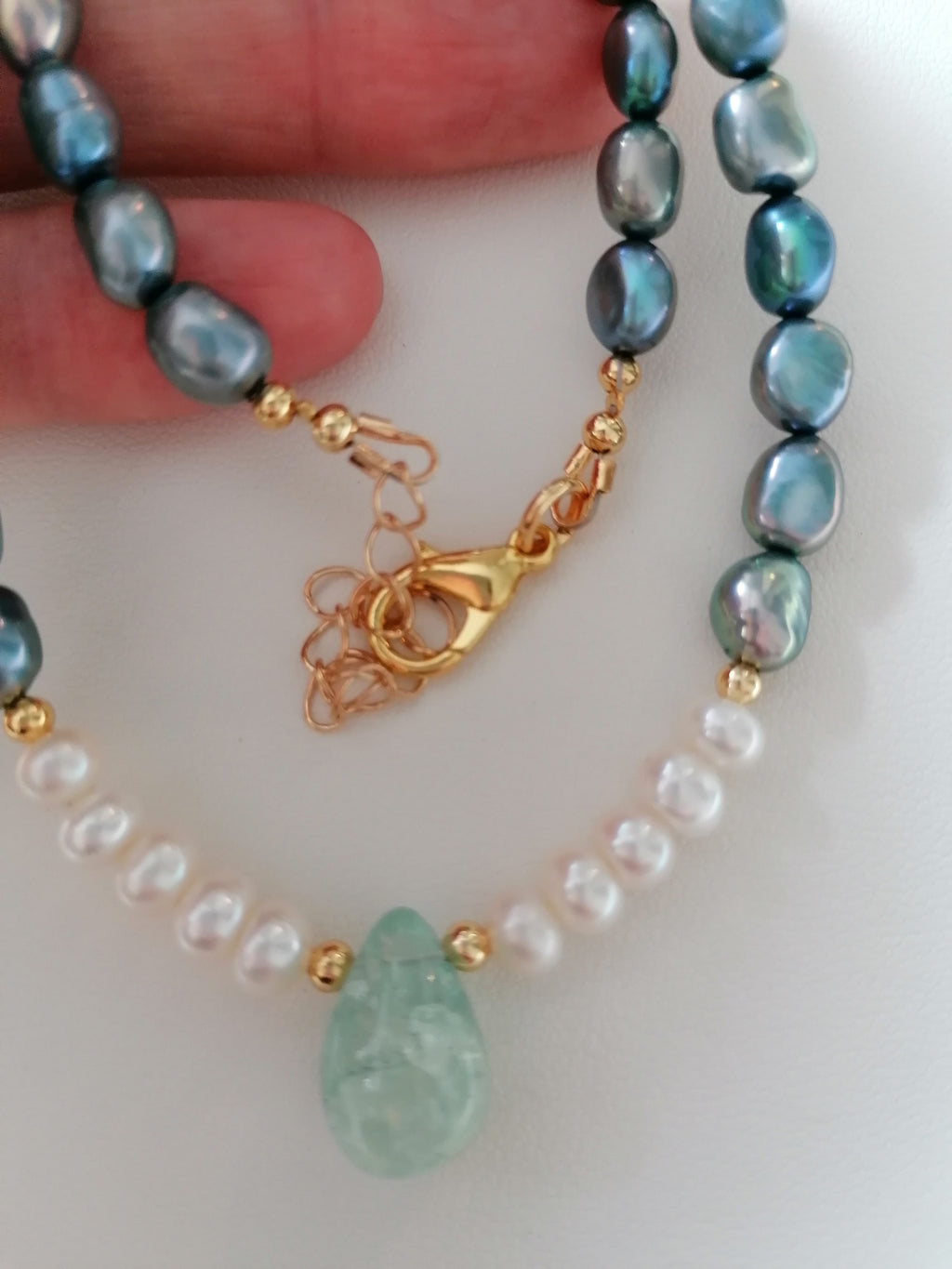 Blue Grey Baroque Pearl & Aquamarine Teardrop Necklace