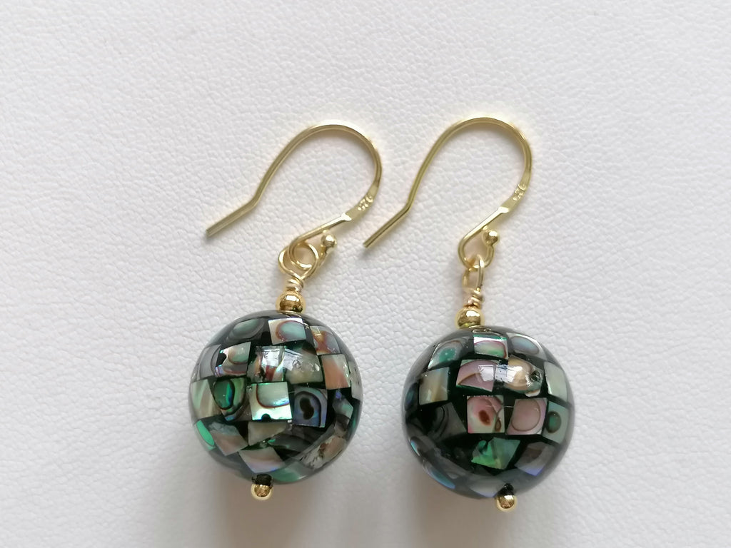 Abalone Shell Mosaic Ball Earrings – 24ct Gold Vermeil & 925 Sterling Silver