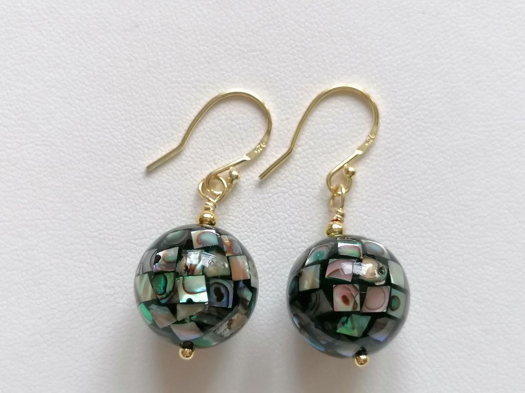 Abalone Shell Mosaic Ball Earrings – 24ct Gold Vermeil & 925 Sterling Silver