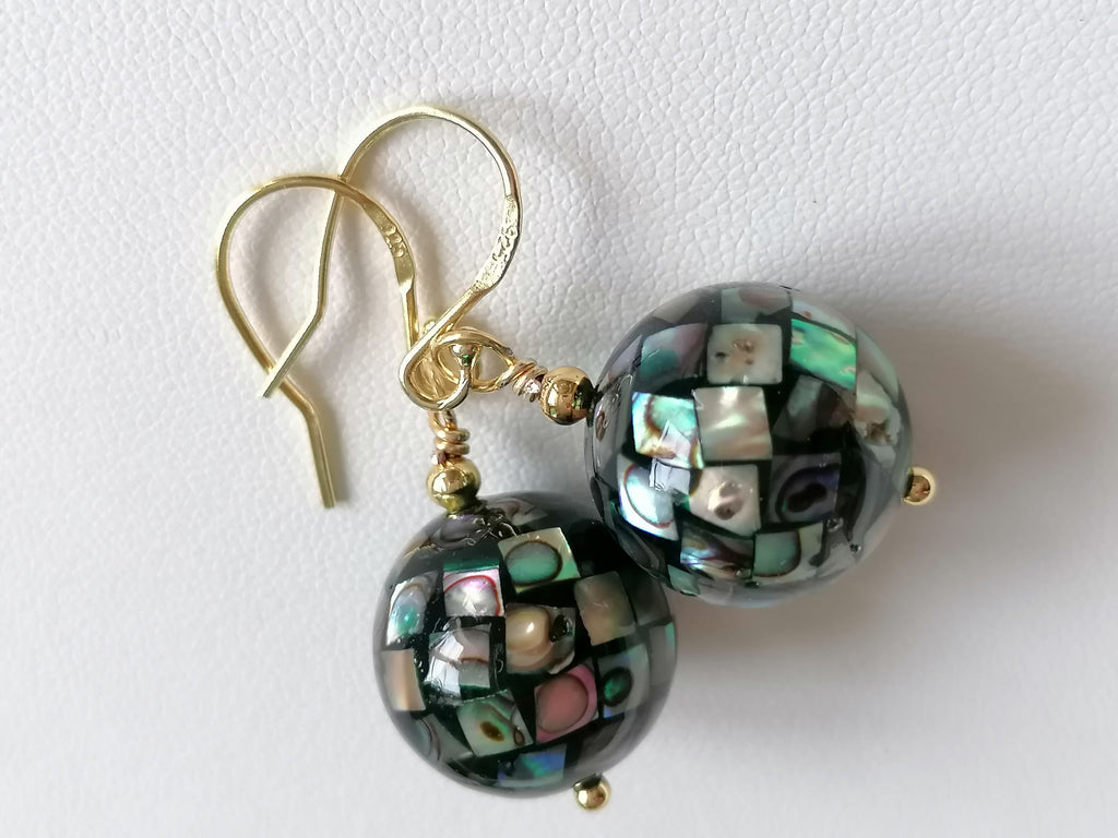 Abalone Shell Mosaic Ball Earrings – 24ct Gold Vermeil & 925 Sterling Silver