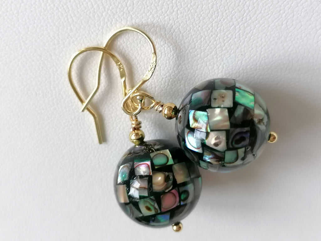 Abalone Shell Mosaic Ball Earrings – 24ct Gold Vermeil & 925 Sterling Silver