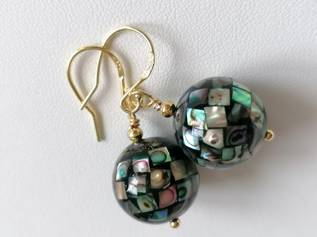 Abalone Shell Mosaic Ball Earrings – 24ct Gold Vermeil & 925 Sterling Silver