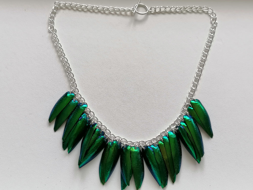 Jewel Beetle Wing Necklace – Ethically Sourced, Silver Plated
