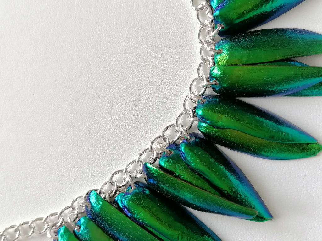 Jewel Beetle Wing Necklace – Ethically Sourced, Silver Plated
