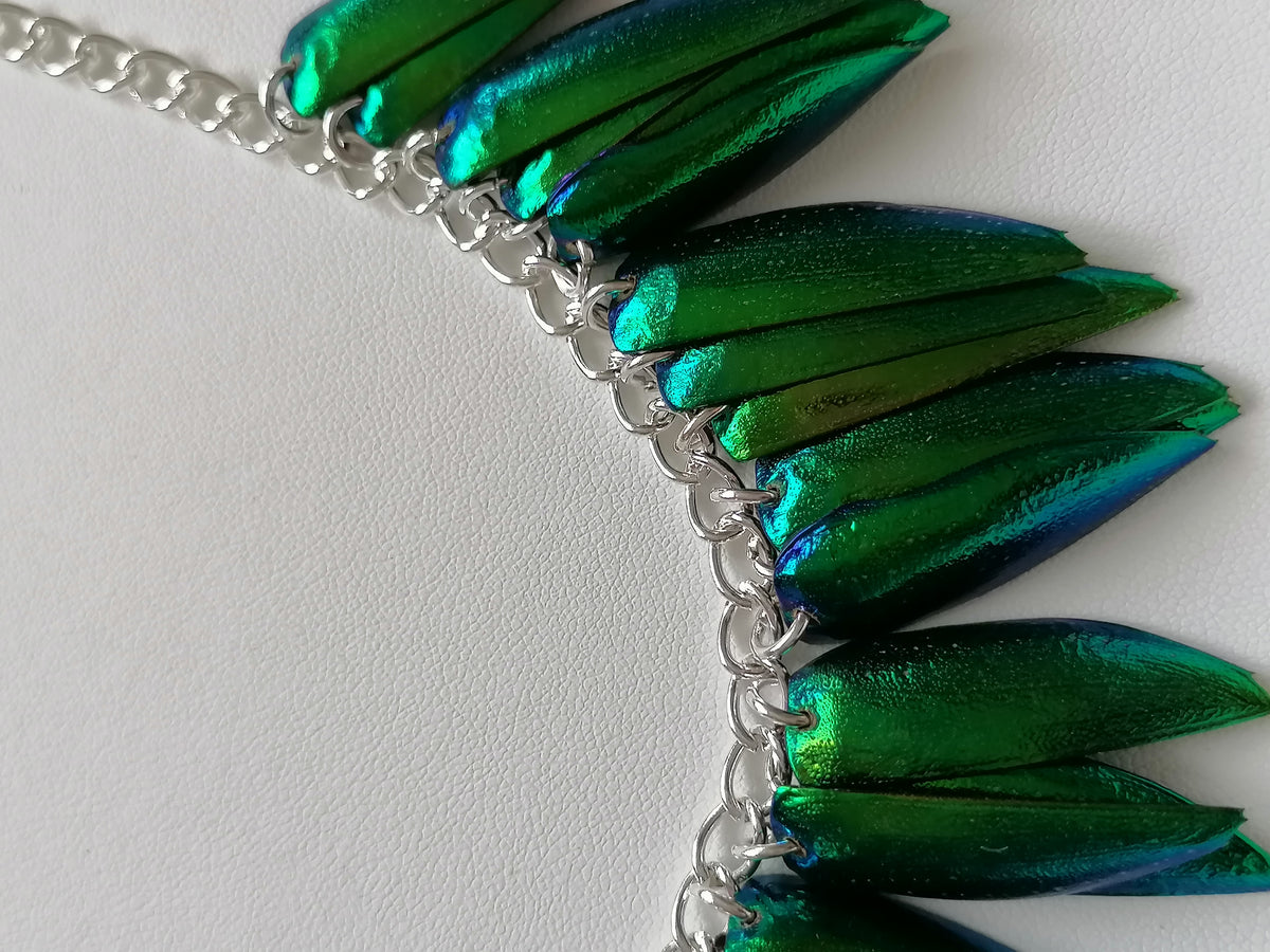 Jewel Beetle Wing Necklace – Ethically Sourced, Silver Plated