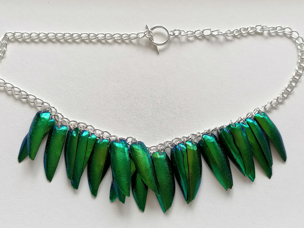 Jewel Beetle Wing Necklace – Ethically Sourced, Silver Plated