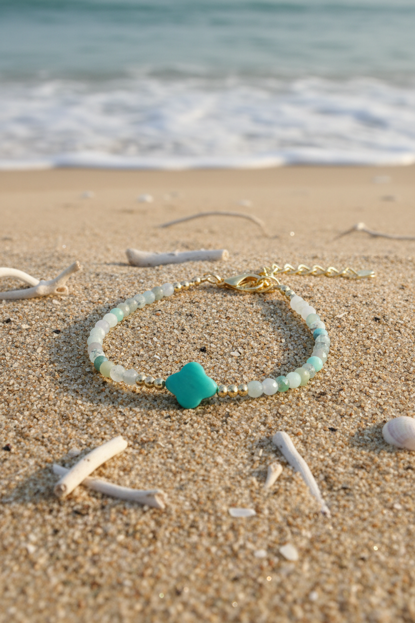 Amazonite Clover Bracelet Beach Scene 1
