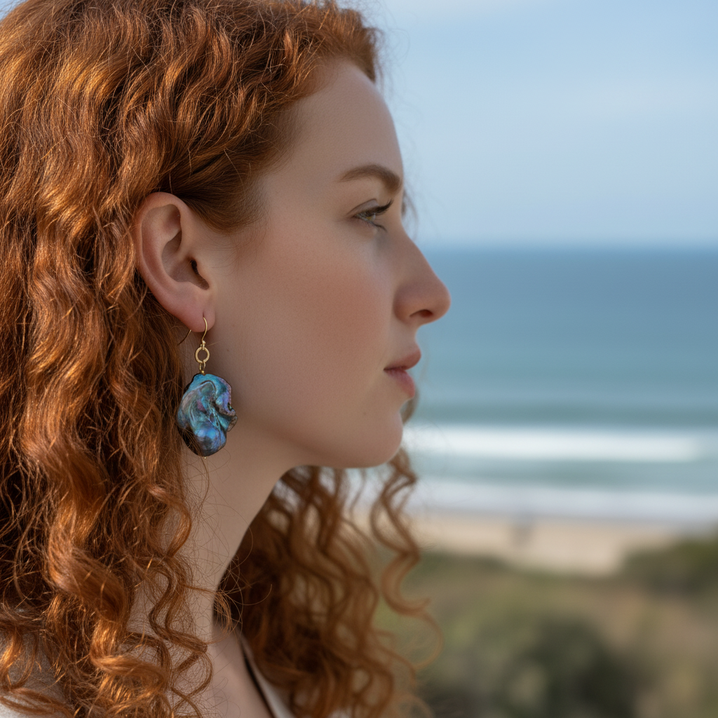 Close up of model wearing blue purple baroque pearl earring