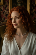 Close up of model's neck and face with gemstone necklace