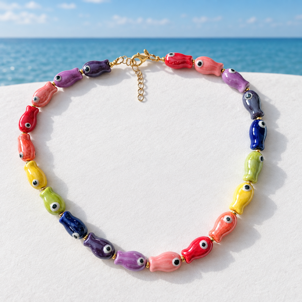 Colourful ceramic fish necklace with coastal background