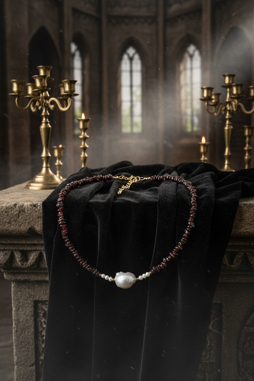 Garnet & Pearl Necklace Gothic Castle Scene