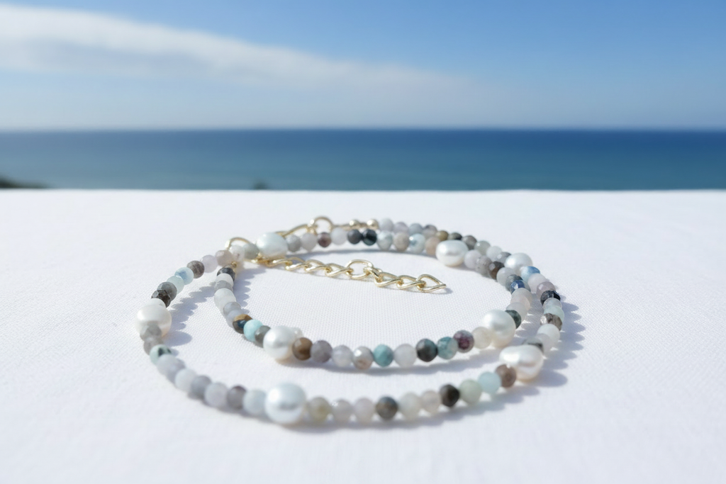 Grey Gemstone & Pearl Necklace Blue Sky