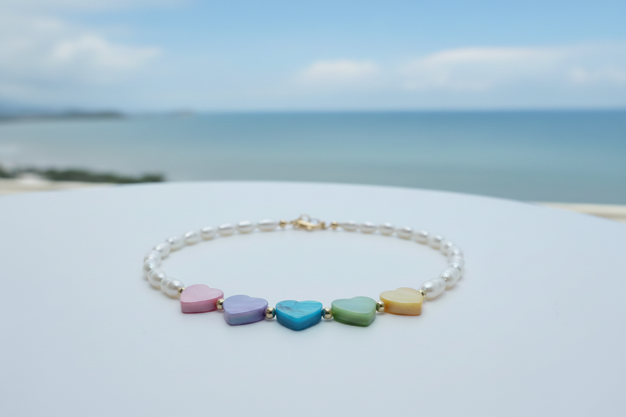 White freshwater rice pearl necklace with pastel rainbow heart charms and gold plated lobster clasp