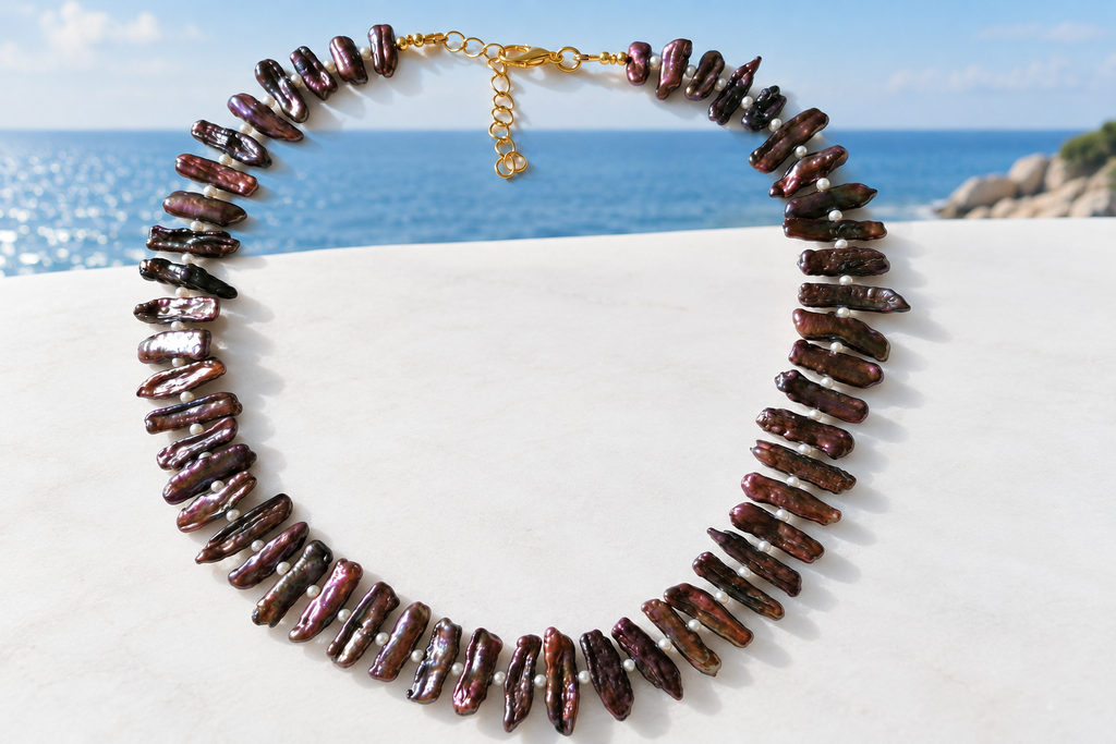 Cultured freshwater stick pearl necklace with seed pearls and gold plated lobster clasp on a white surface with coastal sea view
