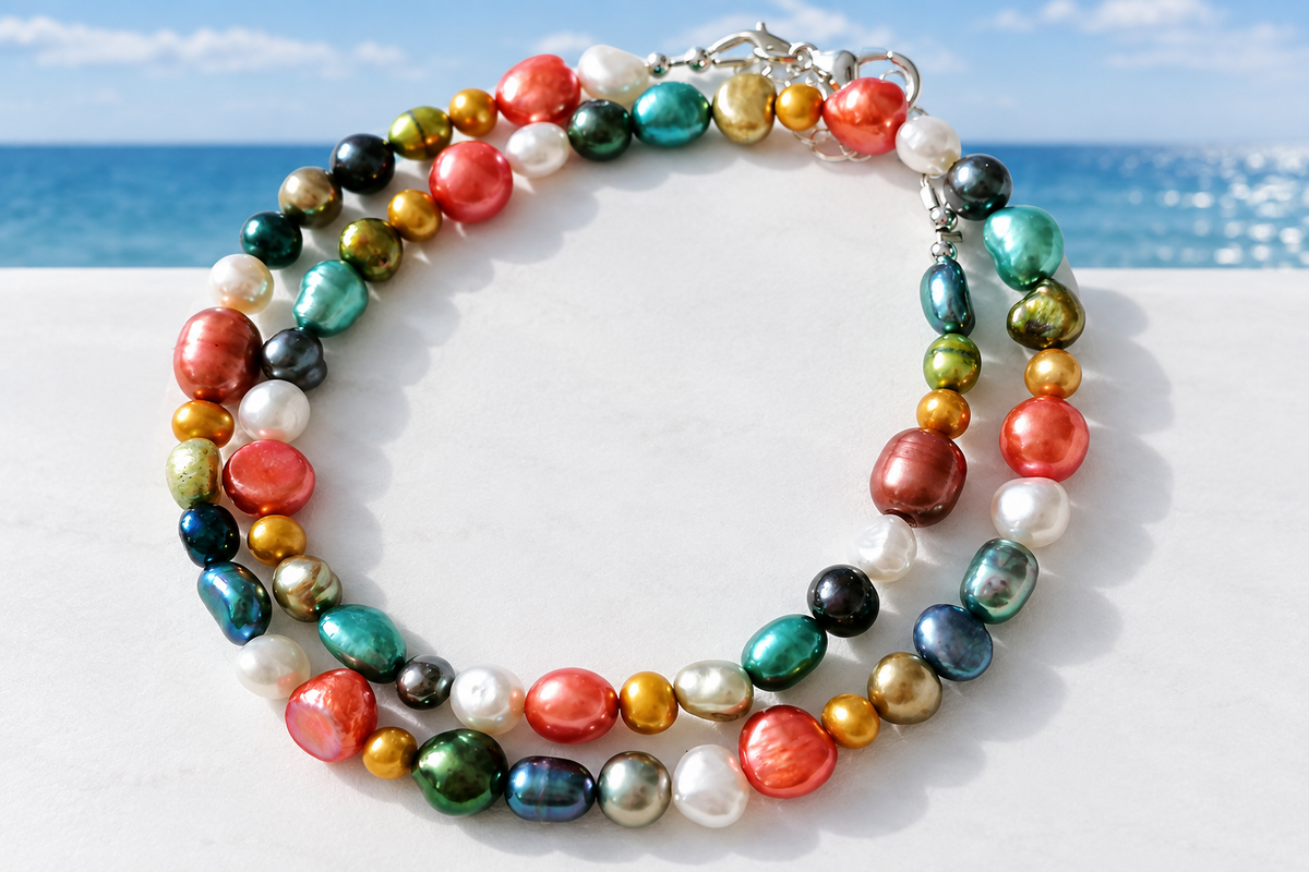 Multicolour freshwater pearl necklace with silver lobster clasp on a white surface with coastal sea view
