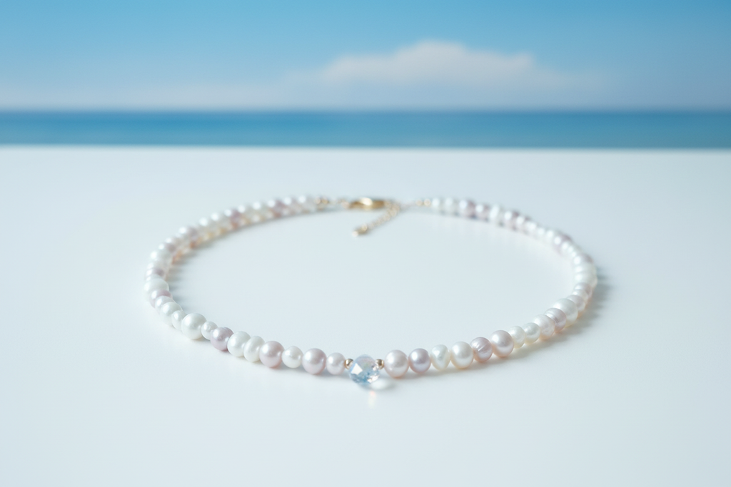 White and pink freshwater baroque pearl necklace with AB glass briolette on coastal background