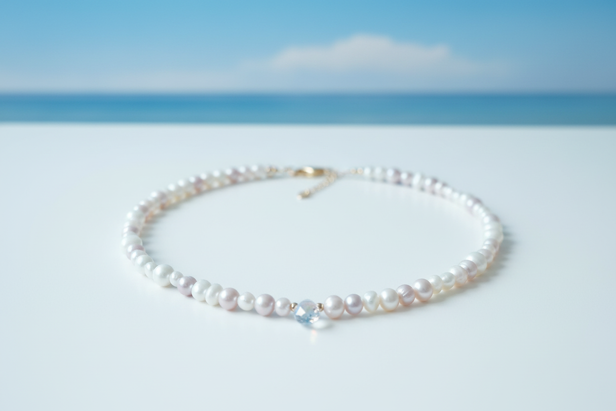 White and pink freshwater baroque pearl necklace with AB glass briolette on coastal background