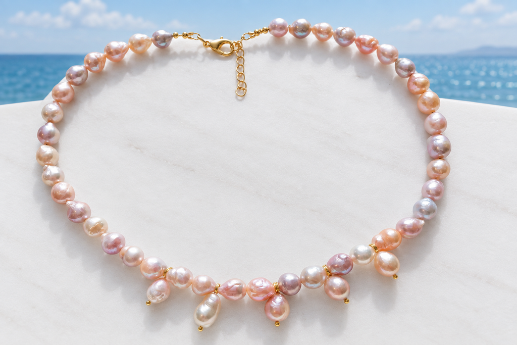 Pink and peach baroque freshwater pearl necklace with pearl drops and gold lobster clasp on a white surface with coastal sea view