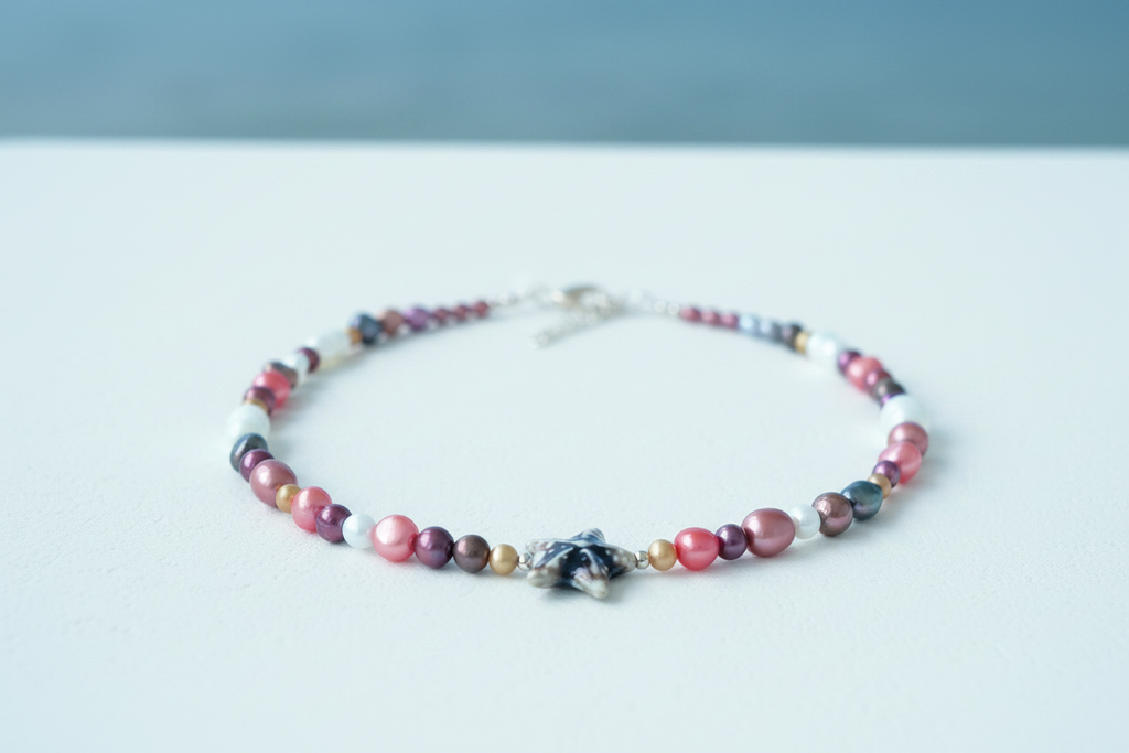 Multicolour Pearl Necklace with Starfish Pendant - Coastal Background