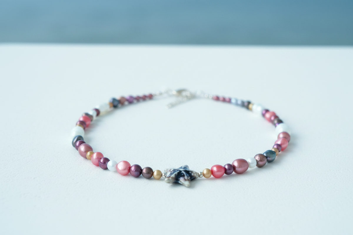Multicolour Pearl Necklace with Starfish Pendant - Coastal Background