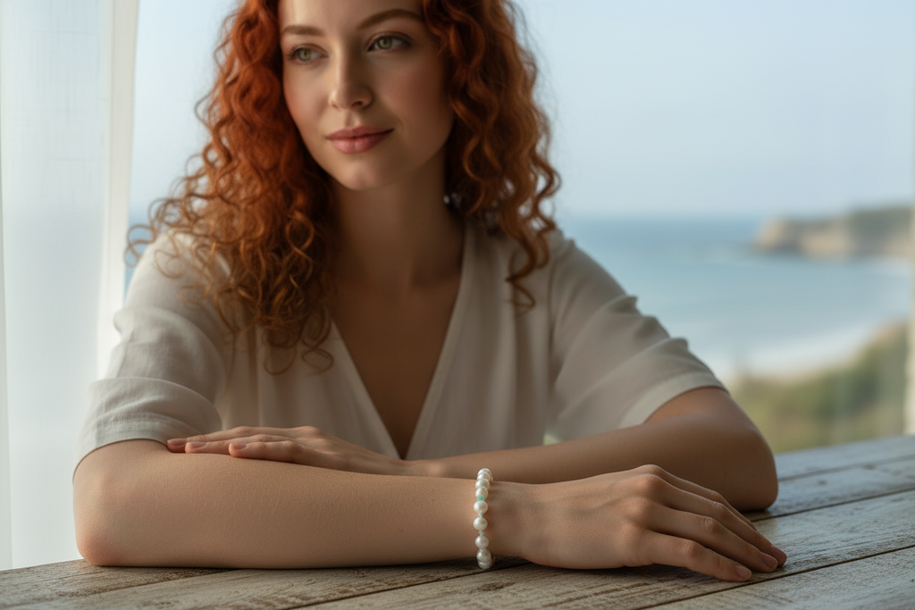 Pearl bracelet on model's wrist on rustic table