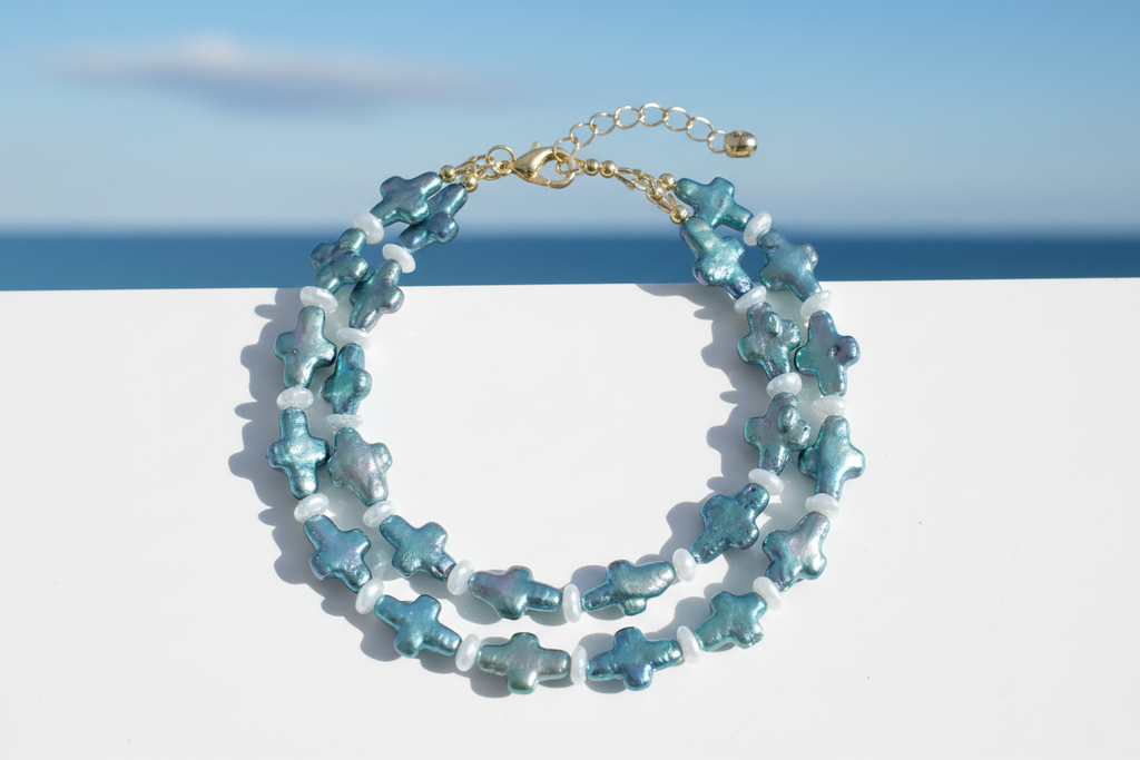 Teal Pearl Cross Necklace